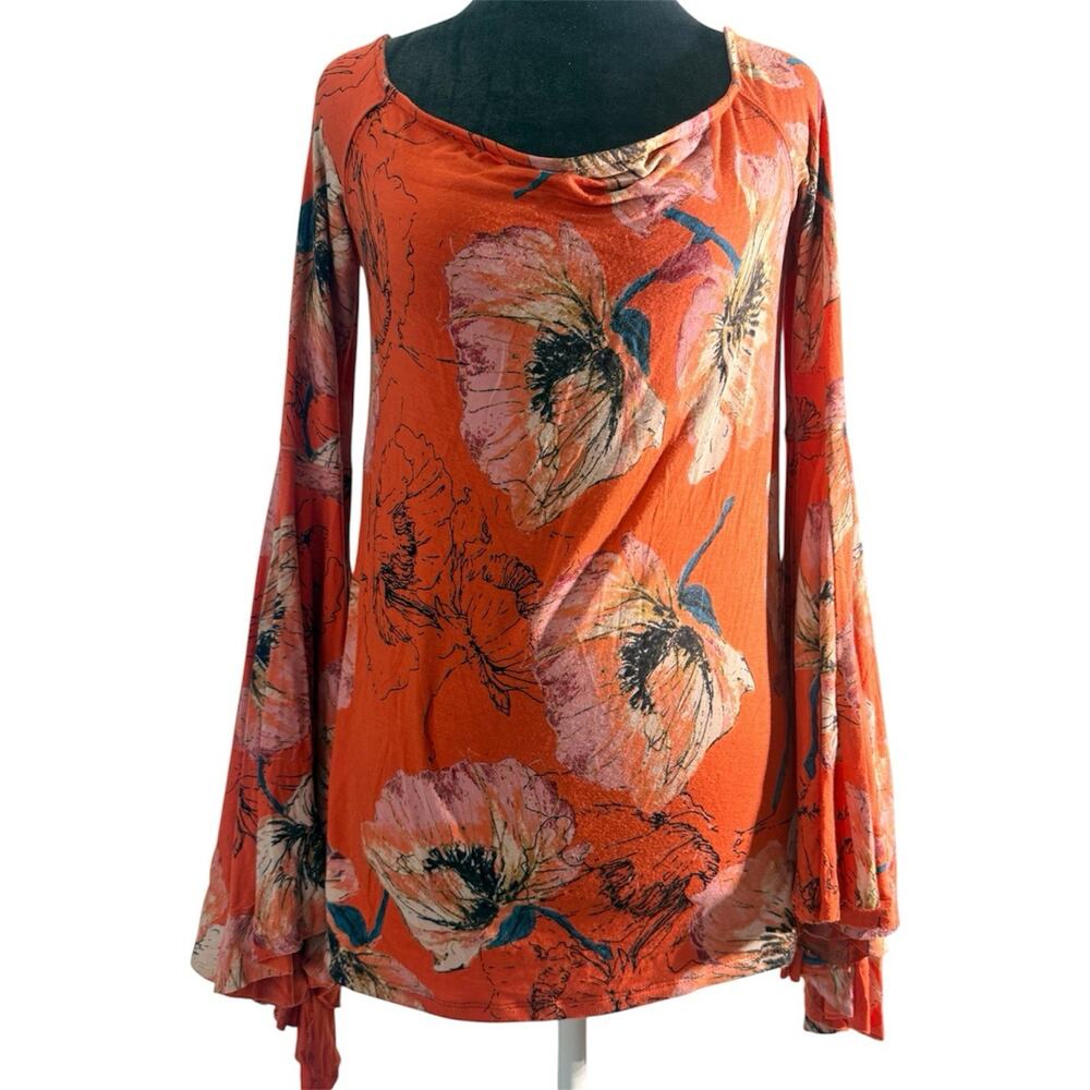 Free People We The Free Orange Floral Bell Sleeve Boho Top Size M Flowy